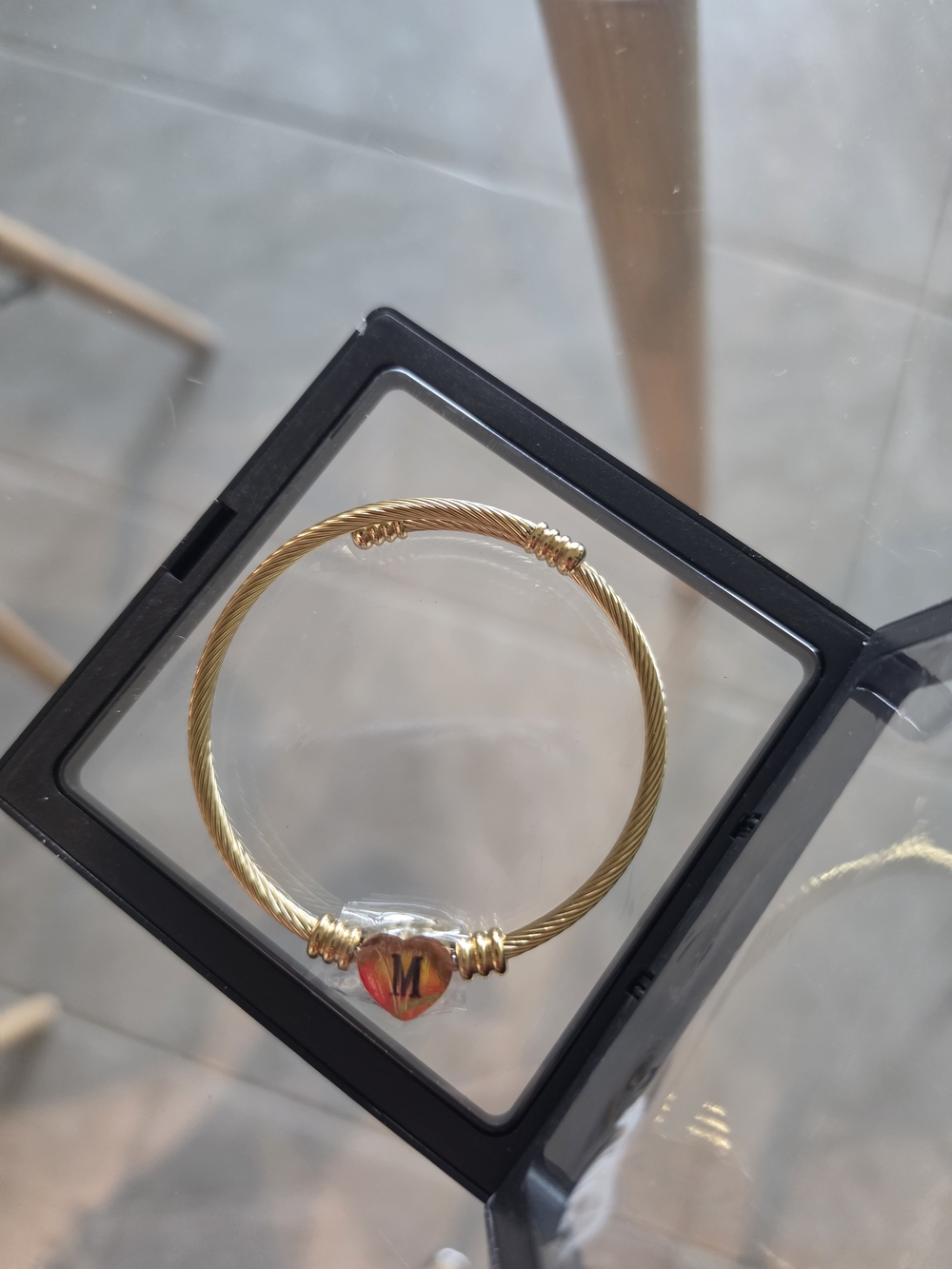 Gold-Tone Twisted Wire Bracelet with Red Heart Charm